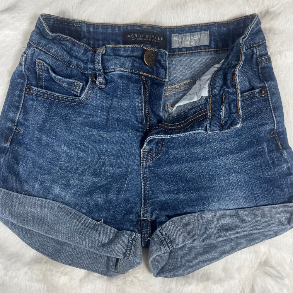 Aeropostale Blue High-Waisted Rolled Hem Jean Shorts